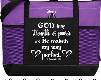 Scripture Tote, God Is My Strength, 2 Samuel 22:33 Tote, Christian Woman Tote, Personalized Bible Tote, Gift for Woman, Spiritual Gift