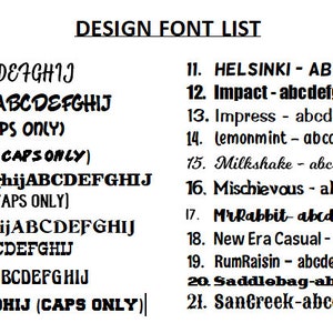 Op de afbeelding: Een lijst van 21 verschillende lettertypen met hun namen en een voorbeeld van het alfabet in elk lettertype. De lettertypen zijn in numerieke volgorde weergegeven. Sommige lettertypen zijn alleen beschikbaar in hoofdletters.
