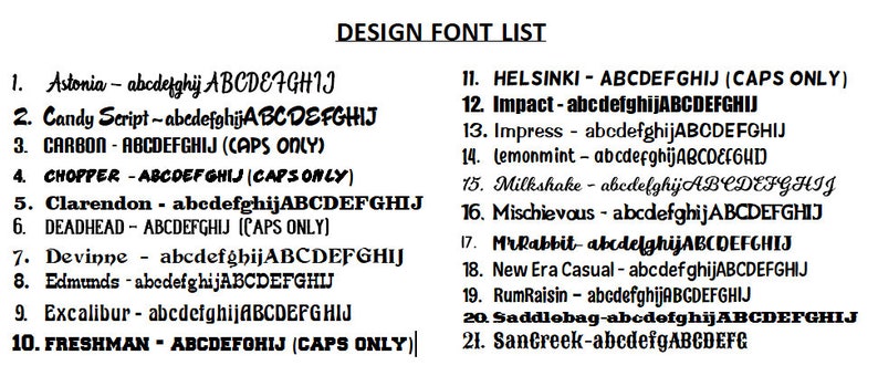 Op de afbeelding: Een lijst van 21 verschillende lettertypen met hun namen en een voorbeeld van het alfabet in elk lettertype. De lettertypen zijn in numerieke volgorde weergegeven. Sommige lettertypen zijn alleen beschikbaar in hoofdletters.