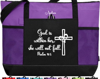 God Is Within Her She Will Not Fall Scripture Tote, Psalm 46:5 Bible Tote, Music Tote, Gift for Christian Woman, Inspirational Tote