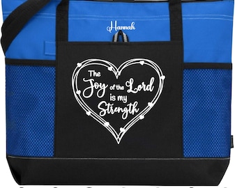 Scripture Tote, The Joy of the Lord Is My Strength Christian Woman Tote, Gift for Teacher, Bible Bag, Sunday School Teacher Bag, James 1:17