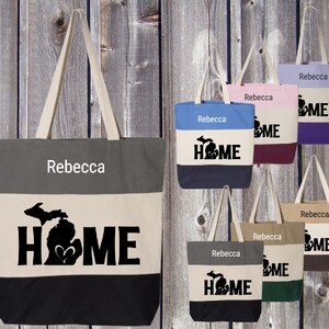Tri-Color Cotton Camping Tote, Michigan Home, Custom Michigan Tote, MI Home Tote, Travel Bag, Vacation Tote, Michigan Map