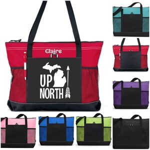 Michigan Up North Tote, Michigan Lover Tote, Personalized Michigan Tote Bag, Zippered Up North Tote Bag, MI Travel Bag, Carry On Tote
