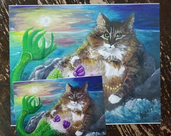 Large Print Mermaid Cat 8 x 10 inch Art Print Pet Art Fantasy Mermaids Catart Painting Silly Cute Kitty