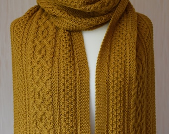Hand Knit Long Wool Scarf with Arans: Celtic Cable Knit, Mustard Yellow color