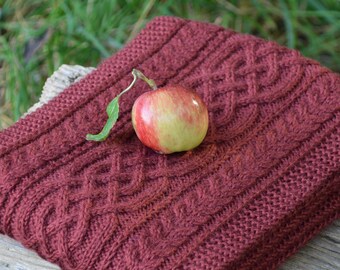 Hand Knit Extra Long Wool Scarf with Arans: Celtic Cable Knit, Maroon color