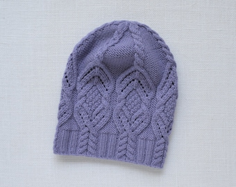 Medium Purple Aran Cable Knit Beanie, Hand-Knitted in Extra Fine Merino Wool