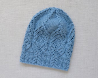 Light Blue Aran Cable Knit Beanie, Hand-Knitted in Extra Fine Merino Wool