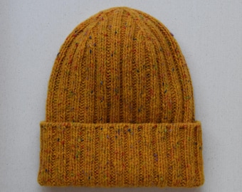 Bright Yellow Ribbed Beanie, Hand-Knitted in Soft Donegal Merino Tweed