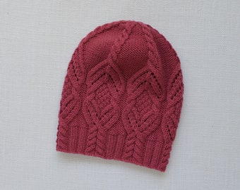 Women's Hand Knit Hat - Winter Hat - Beanie - Merino Wool Hat - Wool Hat - Dark Rose Hat - Cable Hat - Cable Beanie - Gift for Women