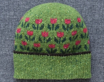 Light Green Fair Isle Beanie with Tulip Pattern, Hand-Knitted in Donegal Merino Tweed