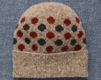 Hand Knit Donegal Merino Tweed Beanie: Beige Polka Dot Winter Hat