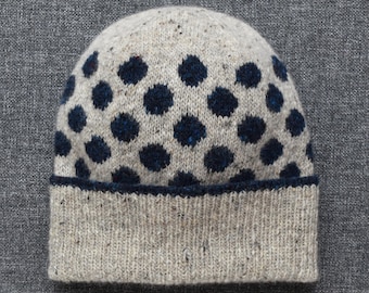 Hand Knit Donegal Merino Tweed Beanie: Grey Polka Dot Winter Hat