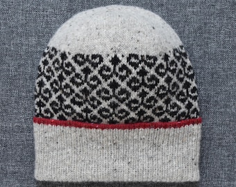 Hand Knit Donegal Merino Tweed Beanie:  Unisex Fair Isle Hat with Oriental Pattern