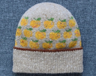 Beige Apple Pattern Fair Isle Beanie, Hand-Knitted in Donegal Merino Tweed