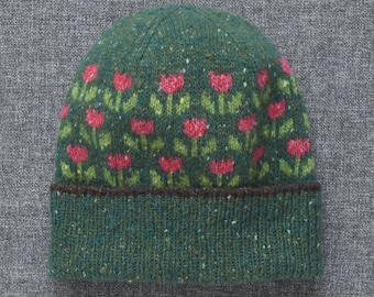 Deep Green Fair Isle Beanie with Tulip Pattern, Hand-Knitted in Donegal Merino Tweed