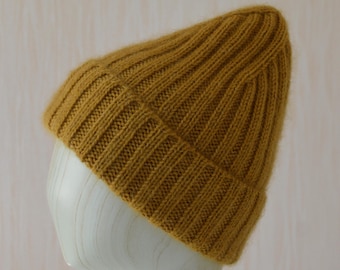 Mustard Ribbed Beanie, Hand-Knitted with Wool, Kid Mohair and Silk