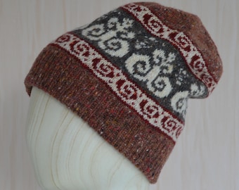 Rust Fair Isle Beanie with Kazakh Qoshqarmuyiz Pattern, Donegal Merino Tweed