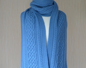 Women's Hand Knit Extra Long Scarf - Light Denim Blue Scarf - Aran Scarf - Celtic Cable Knit Scarf - Unisex Scarf - Wool Scarf - Warm Scarf