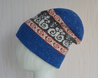 Hand Knit Donegal Merino Tweed Beanie:  Unisex Fair Isle Hat with Oriental Pattern