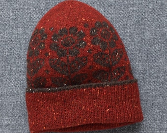 Cranberry Fair Isle Beanie with Scandinavian-Inspired Floral Pattern, Hand-Knitted in Donegal Merino Tweed