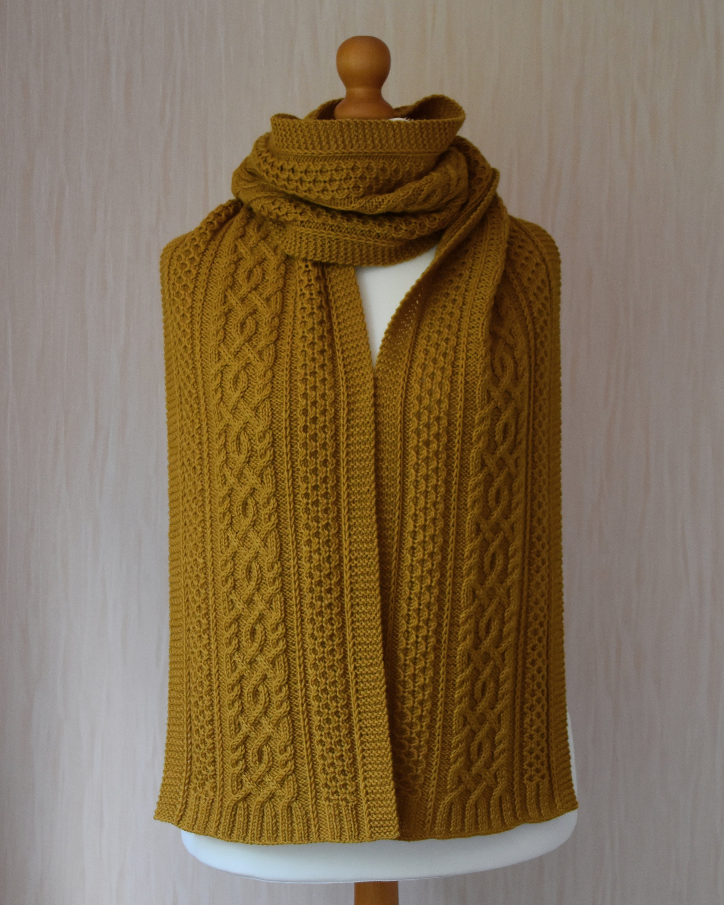Hand Knit Long Wool Scarf With Arans: Celtic Cable Knit, Mustard Yellow ...