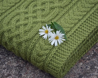 Hand Knit Extra Long Wool Scarf with Arans: Celtic Cable Knit, Light Olive color