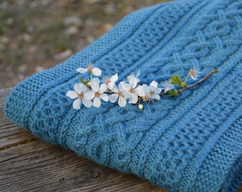 Women's Hand Knit Extra Long Scarf - Blue Scarf - Aran Scarf - Cable Knit Scarf - Unisex Scarf - Wool Scarf - Warm Scarf