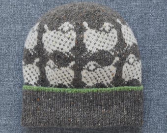 Hand Knit Donegal Merino Tweed Beanie: Animal Fair Isle Winter Hat with Sheep Pattern