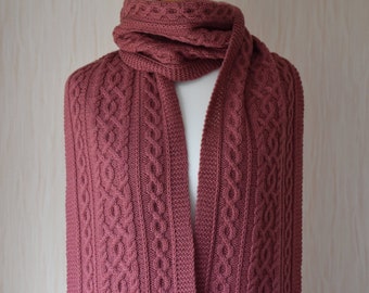 Hand Knit Long Wool Scarf with Arans: Celtic Cable Knit, Dusty Pink color