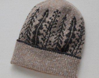 Women's Hand Knit Hat - Unisex Hat - Winter Hat - Botanical Pattern Hat - Multicolor Fair Isle Hat - Beige Hat