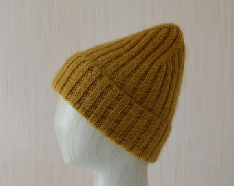 Unisex Knit Hat - Winter Hat - Beanie - Wool Hat - Kid Mohair Hat - Mustard Hat - Ribbed Hat - Ribbed Beanie - Women's Hat - Men's Hat