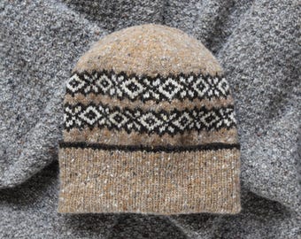 Hand Knit Donegal Merino Tweed Beanie: Geometric Fair Isle Unisex Winter Hat