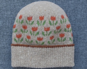 Hand Knit Donegal Merino Tweed Beanie: Floral Fair Isle Winter Hat with Tulip Pattern