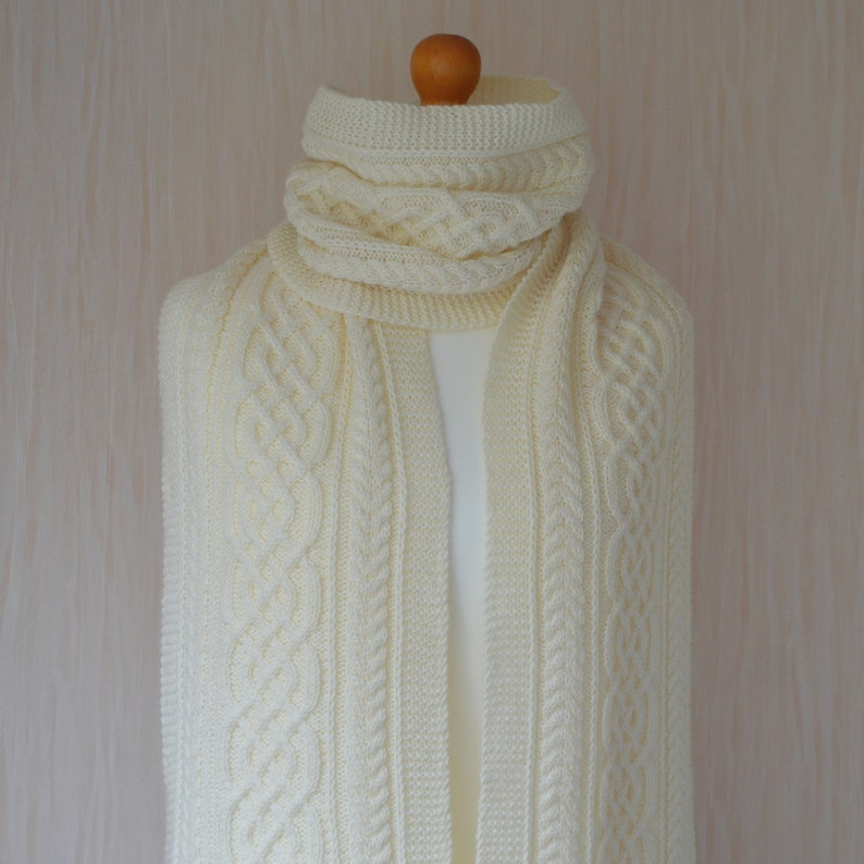 Women's Hand Knit Extra Long Scarf Off-White Scarf Aran Scarf Celtic Cable Knit Scarf Unisex Scarf Wool Scarf Warm Scarf image 4