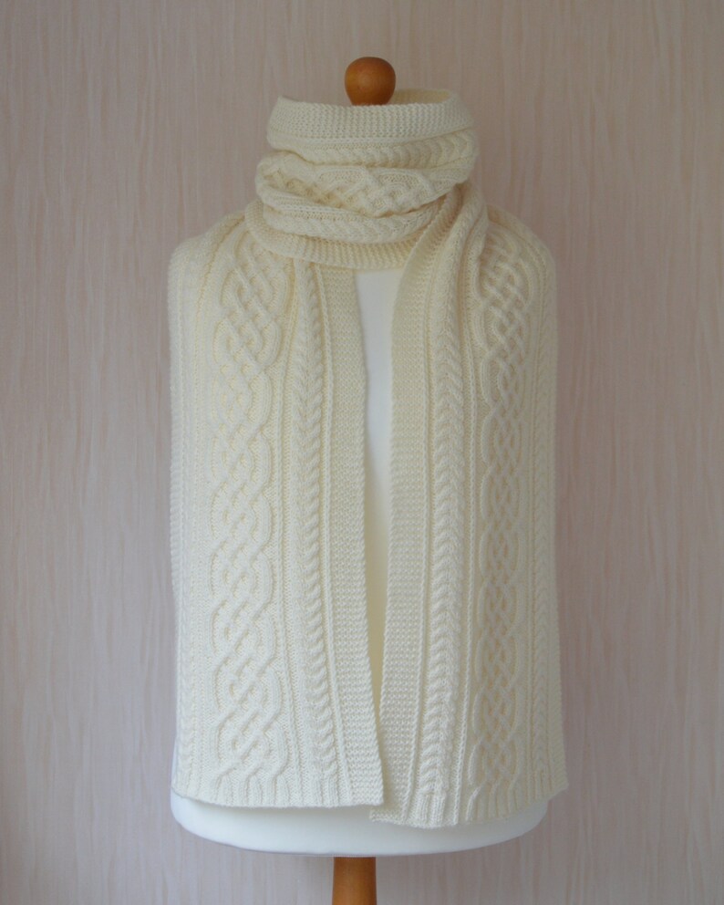 Women's Hand Knit Extra Long Scarf Off-White Scarf Aran Scarf Celtic Cable Knit Scarf Unisex Scarf Wool Scarf Warm Scarf image 2