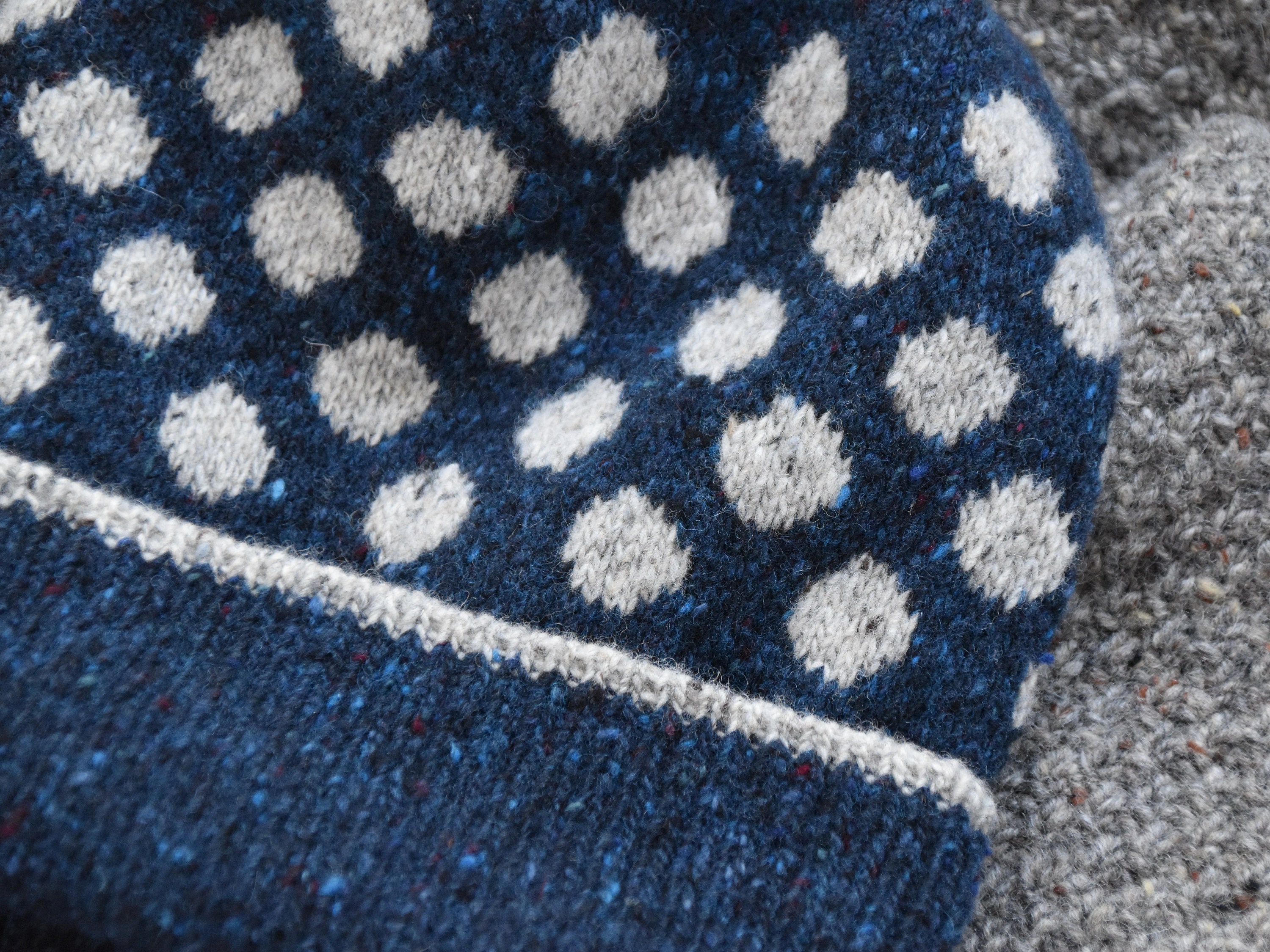 Hand Knit Donegal Merino Tweed Beanie: Navy Blue Polka Dot 