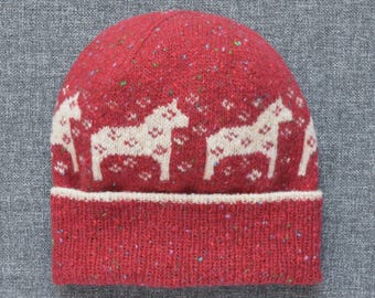 Hand Knit Donegal Merino Tweed Beanie: Fair Isle Winter Hat with Dala Horse Pattern