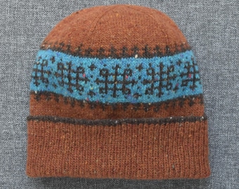 Hand Knit Donegal Merino Tweed Beanie: Nordic Fair Isle Unisex Winter Hat