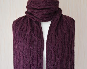 Hand Knit Extra Long Wool Scarf with Arans: Celtic Cable Knit, Red Grape color