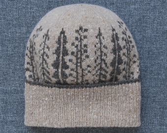 Woodland Fair Isle Beanie with Tree Pattern, Hand-Knitted in Donegal Merino Tweed