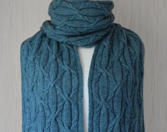 Hand Knit Long Wool Scarf with Arans: Celtic Cable Knit, Cyan color