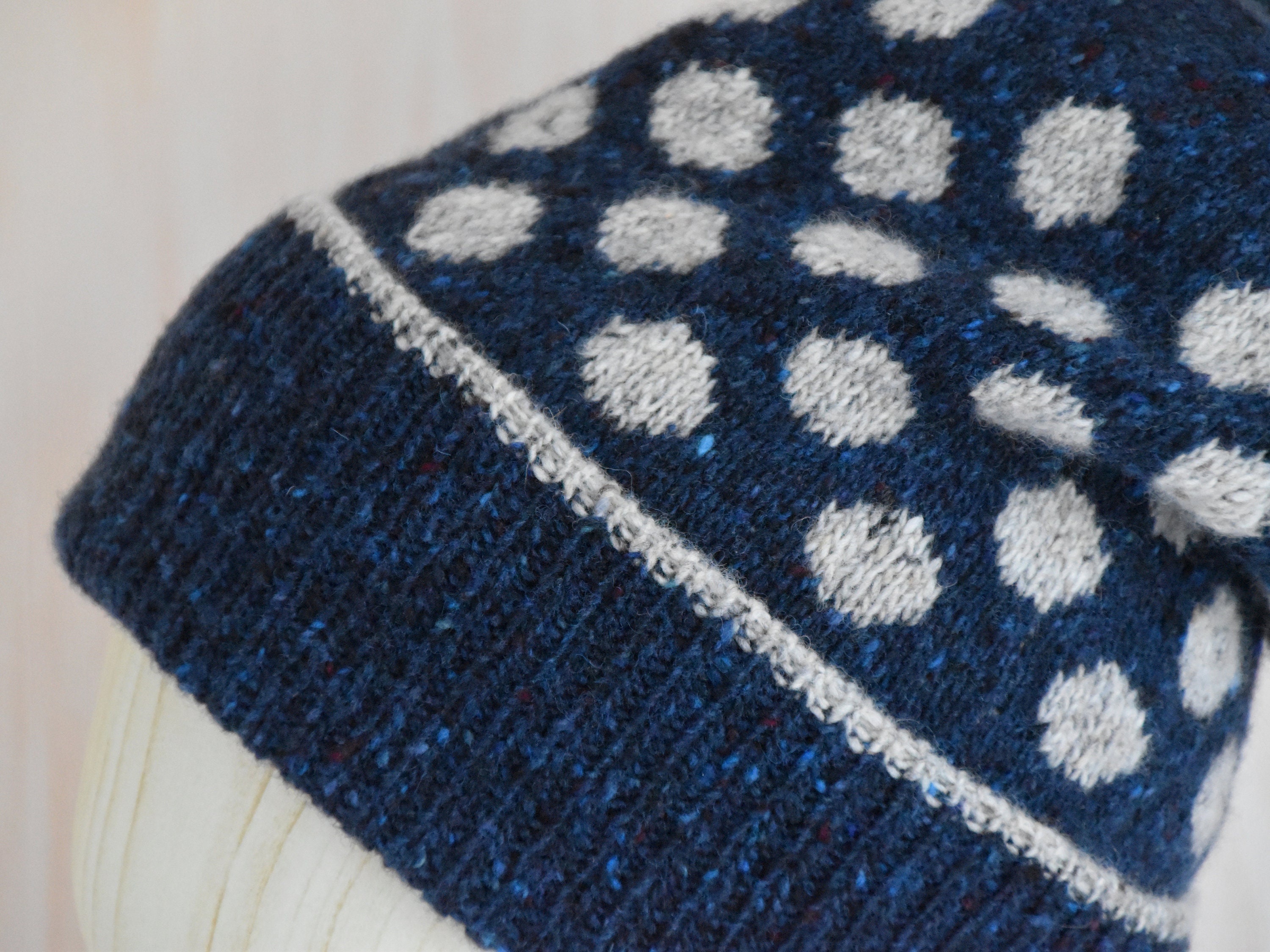 Created By Cyd Ireland Donegal Tweed Wool Beanie Hat Blue Basketweave Womens NEW Hand Knit Donegal Merino Tweed Beanie: Navy Blue Polka Dot  main image 2