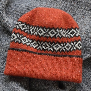 Women&#39;s Hand Knit Hat - Unisex Hat - Men&#39;s Hat - Winter Hat - Beanie - Soft Donegal Merino Tweed Hat - Multicolor Fair Isle Hat - Orange Hat