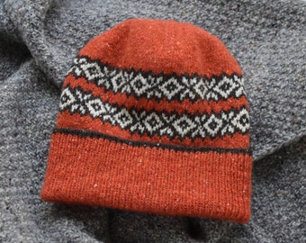 Women's Hand Knit Hat - Unisex Hat - Men's Hat - Winter Hat - Beanie - Soft Donegal Merino Tweed Hat - Multicolor Fair Isle Hat - Orange Hat