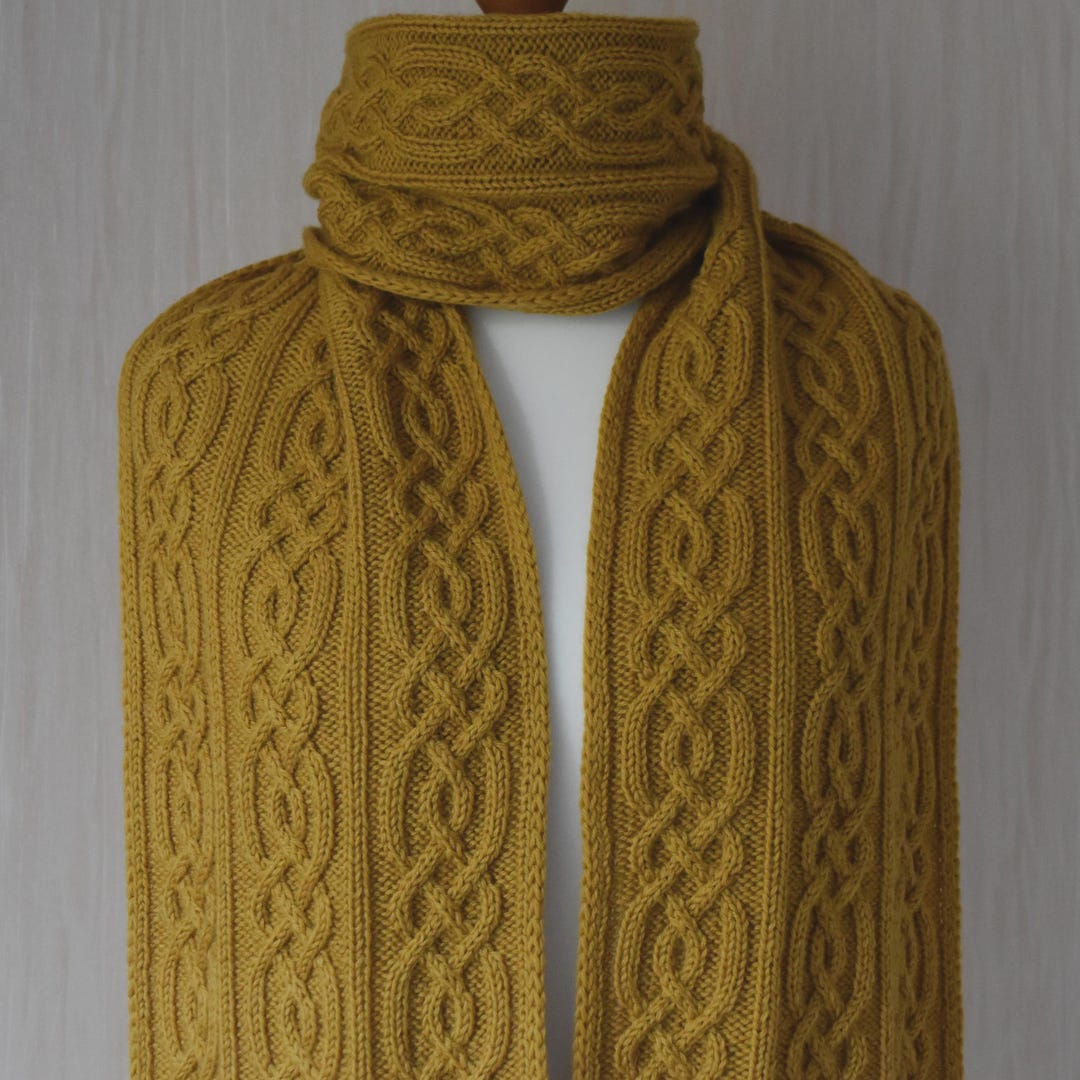 Hand Knit Long Wool Scarf With Arans: Celtic Cable Knit, Mustard Yellow ...