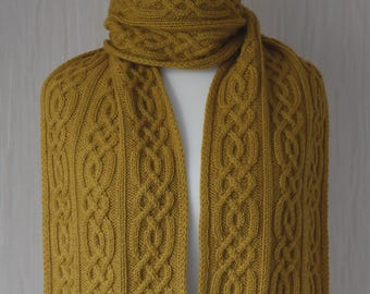 Hand Knit Long Wool Scarf with Arans: Celtic Cable Knit, Mustard Yellow
