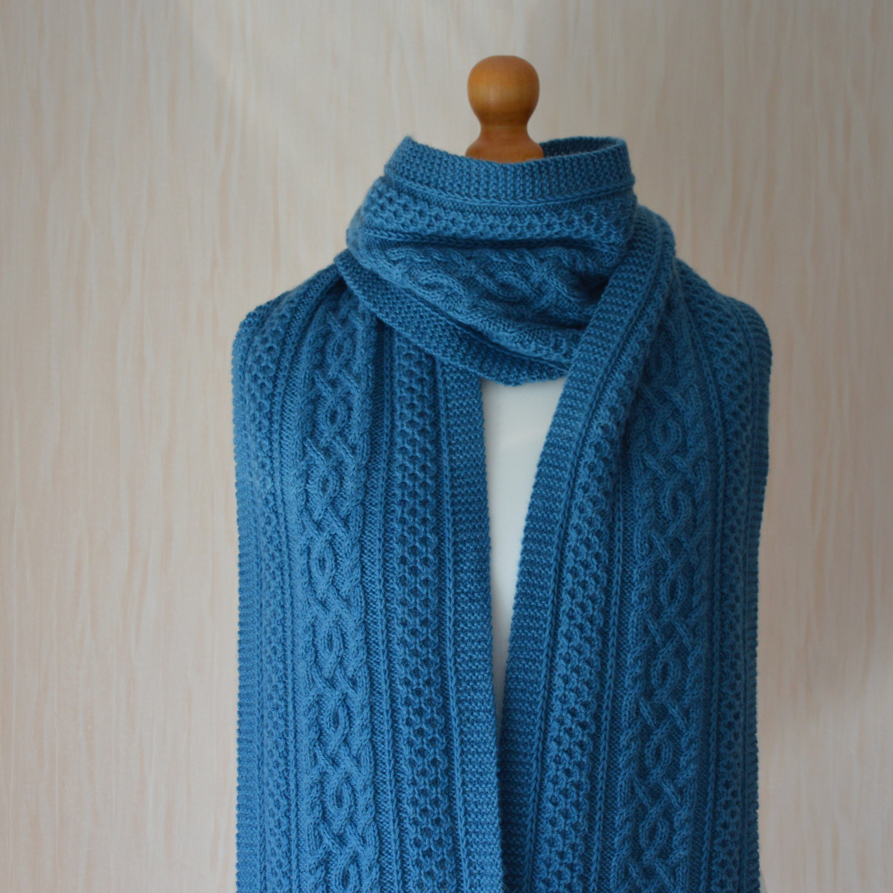 Women's Hand Knit Extra Long Scarf Blue Scarf Aran Scarf Cable Knit ...
