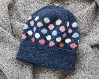 Hand Knit Donegal Merino Tweed Beanie: Navy Blue Polka Dot Winter Hat