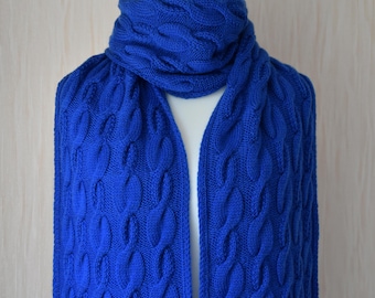 Hand Knit Long Wool Scarf with Arans: Celtic Cable Knit, Bright Blue color